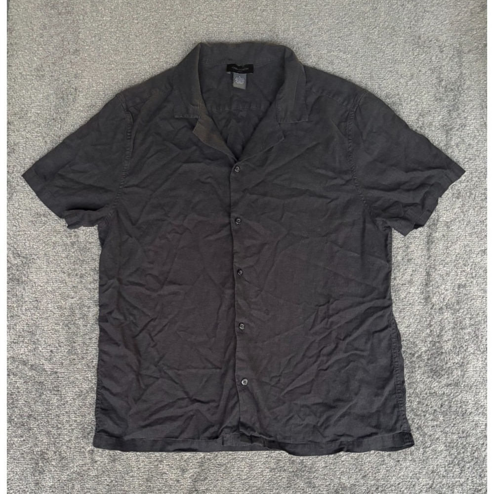 Magaschoni Man Shirt Men's Large Black Linen Collared Short Sleeve Button Front